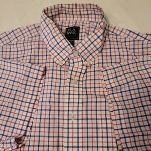Jos A Bank Traveler Shirt Mens XL Red Blue Tattersall Check Cotton Short Sleeve